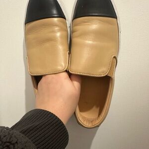 Tan and Black cap toe captoe italian leather loafers slipons